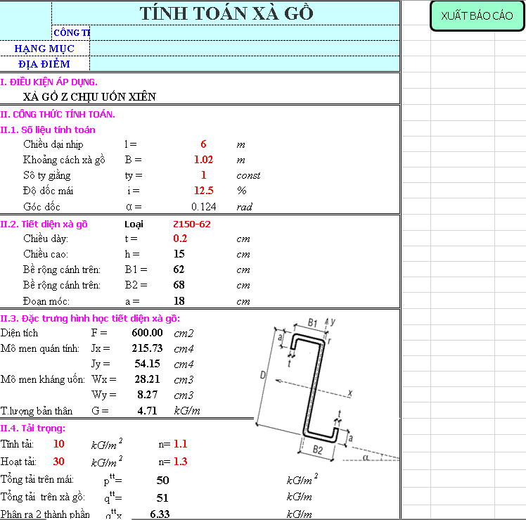 File excel tính toán xà gồ thép hộp trang tính