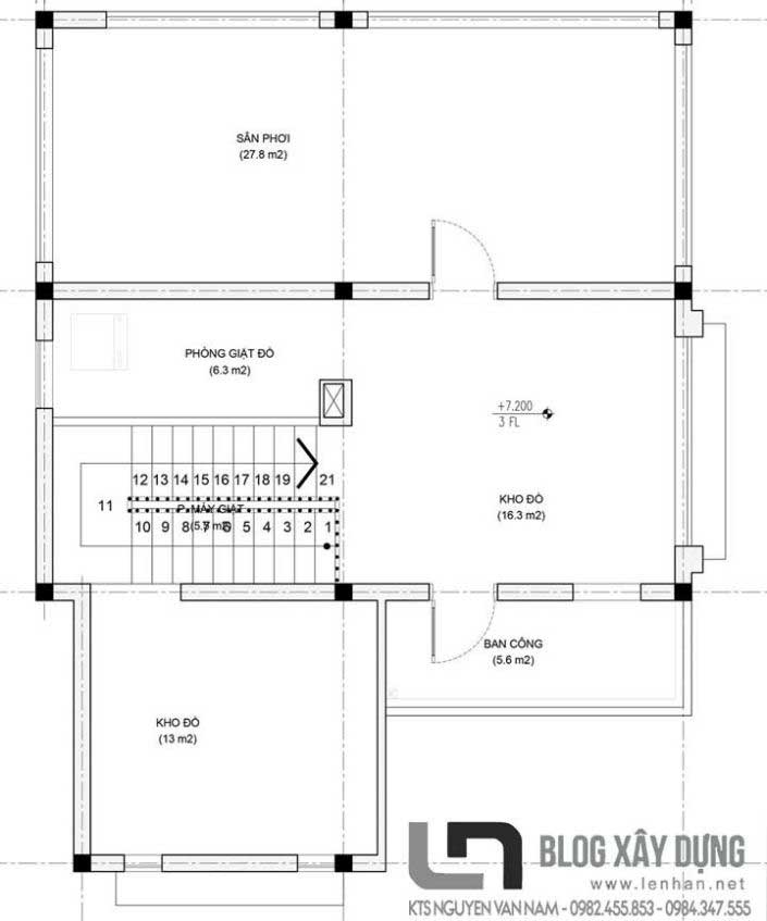 Bản vẽ mặt bằng tầng 3 (áp mái) căn biệt thự 3 tầng