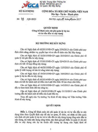 QĐ 79/QĐ-BXD Công bố định mức chi phí quản lý dự án và tư vấn đầu tư xây dựng