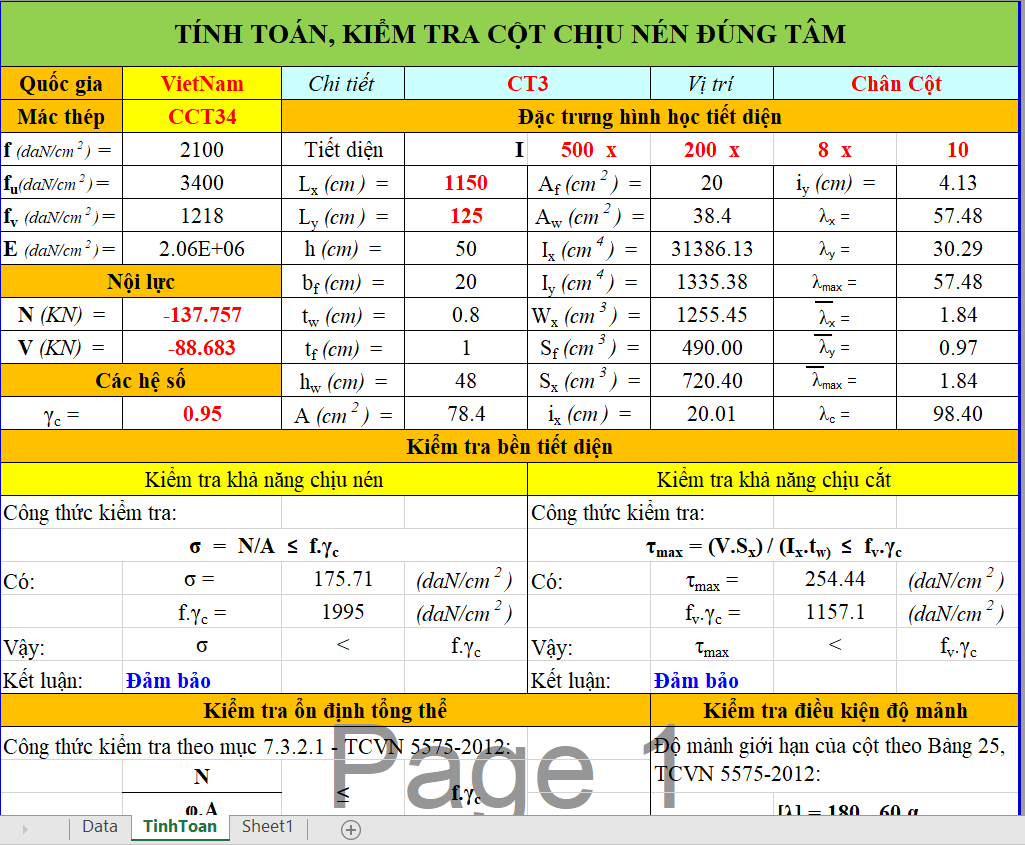 File excel tính toán cột thép chịu nén đúng tâm