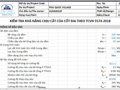 BẢNG TÍNH KIỂM TRA KHẢ NĂNG CHỊU CẮT CỦA CỐT ĐAI THEO TCVN 5574:2018